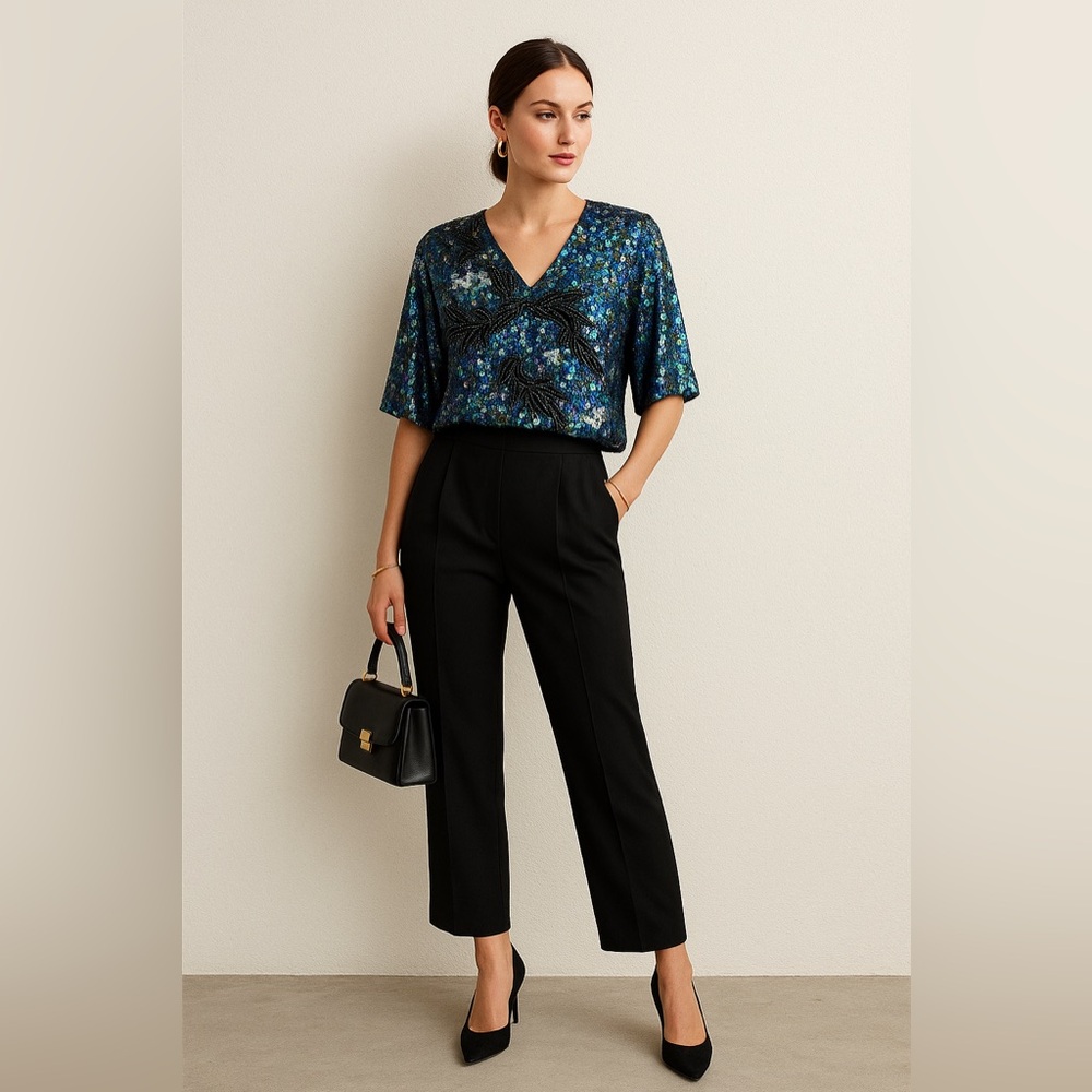 Silk Blouse Floral Sequin V-Neck Short Sleeve Top Metallic Black NWOT